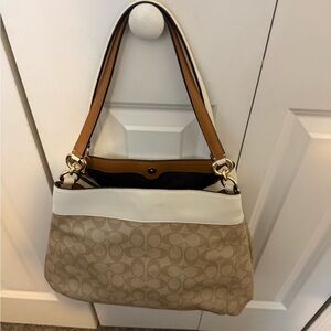 Coach Tan and White Signature Tote Bag